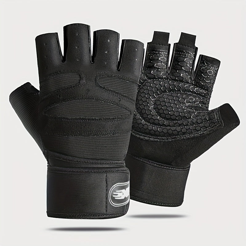 Black padded workout gloves sold by 100 Spartans with textured palm on a light gray background