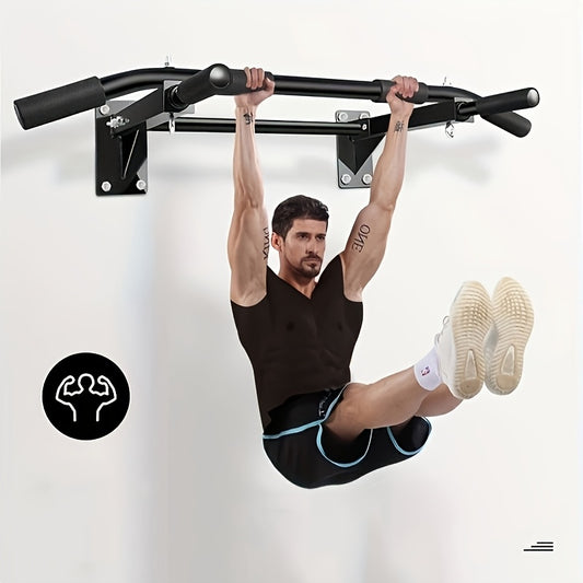 Person using a wall mount pull up bar on a white background