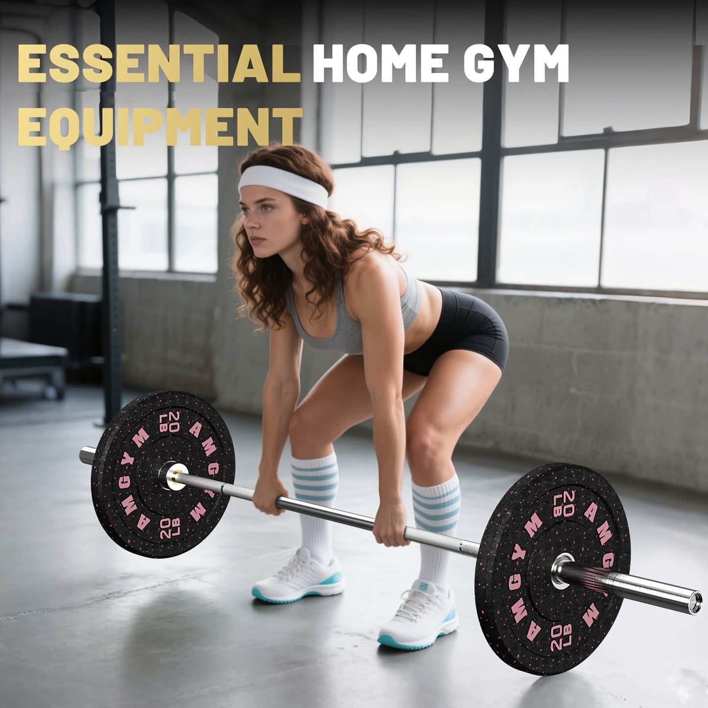 Woman lifting a barbell with weights in a home gym setting.