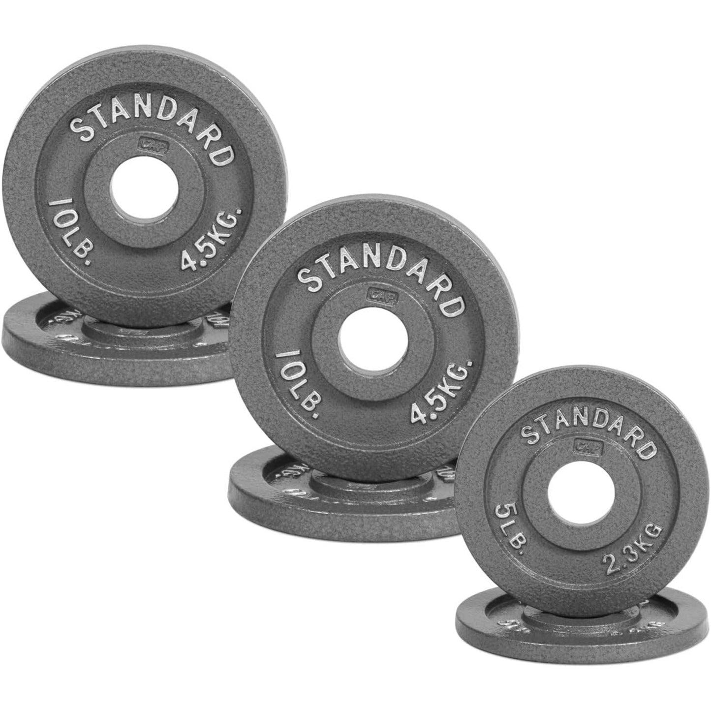 Set of gray weight plates with 'Standard' branding on a white background