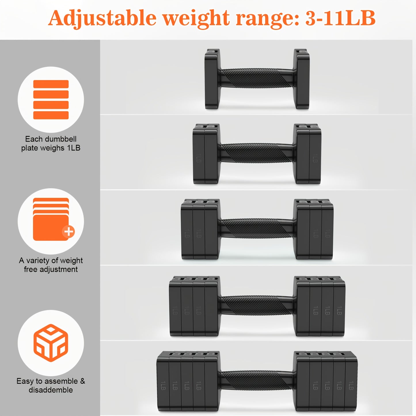 Set of adjustable dumbbells with weight range 3-11LB on a white background