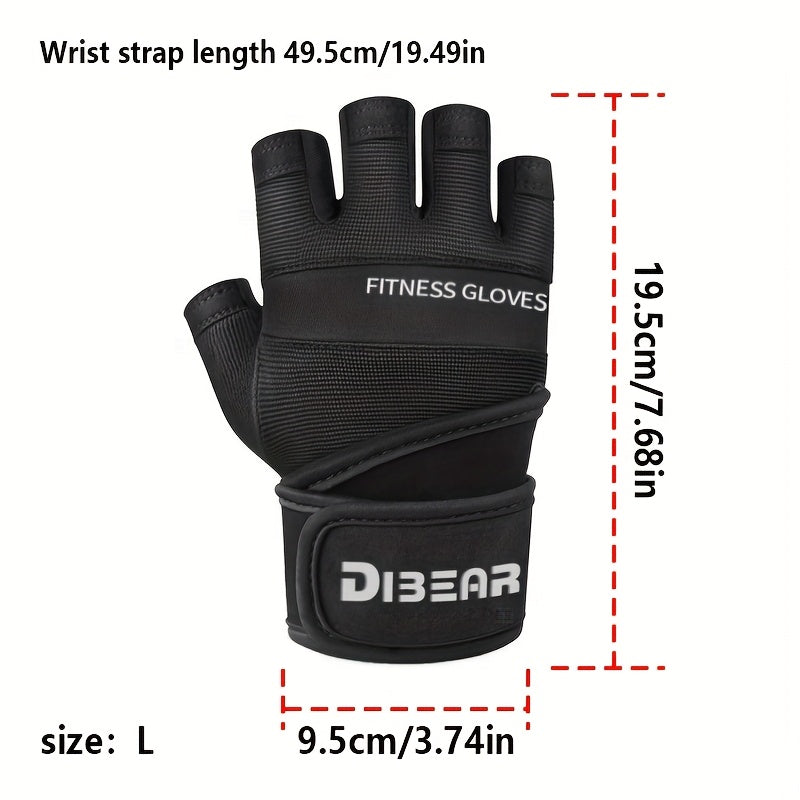 Black workout gloves with measurements on a white background