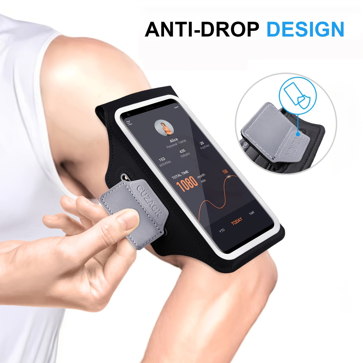 Phone holder for running​ with anti-drop design held by a person, showing a smartphone screen.