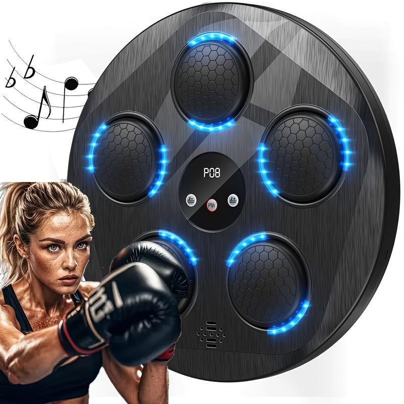 Black boxing music machine with blue lights and a woman in boxing gloves on a white background