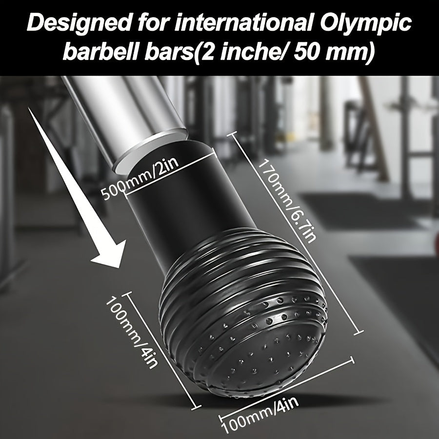 A Black Landmine Attachment for Barbell with measurements and text indicating compatibility with international Olympic barbell bars.