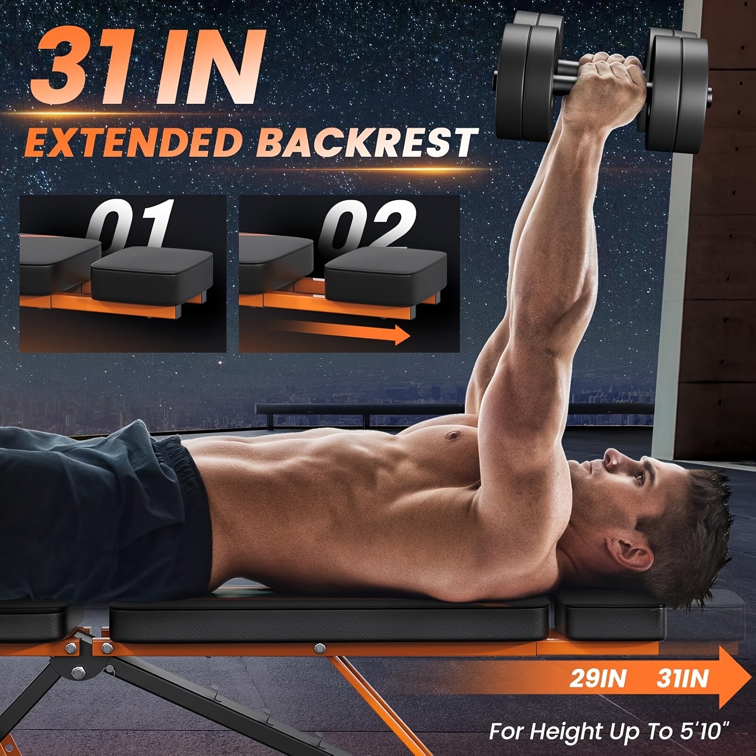 Man performing a bench press with an extended backrest on a gym machine, highlighting the 31-inch extension feature.