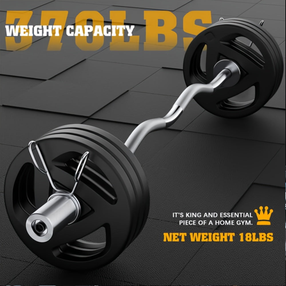 Barbell with weight plates on a dark tiled floor, highlighting weight capacity and essential home gym piece text.