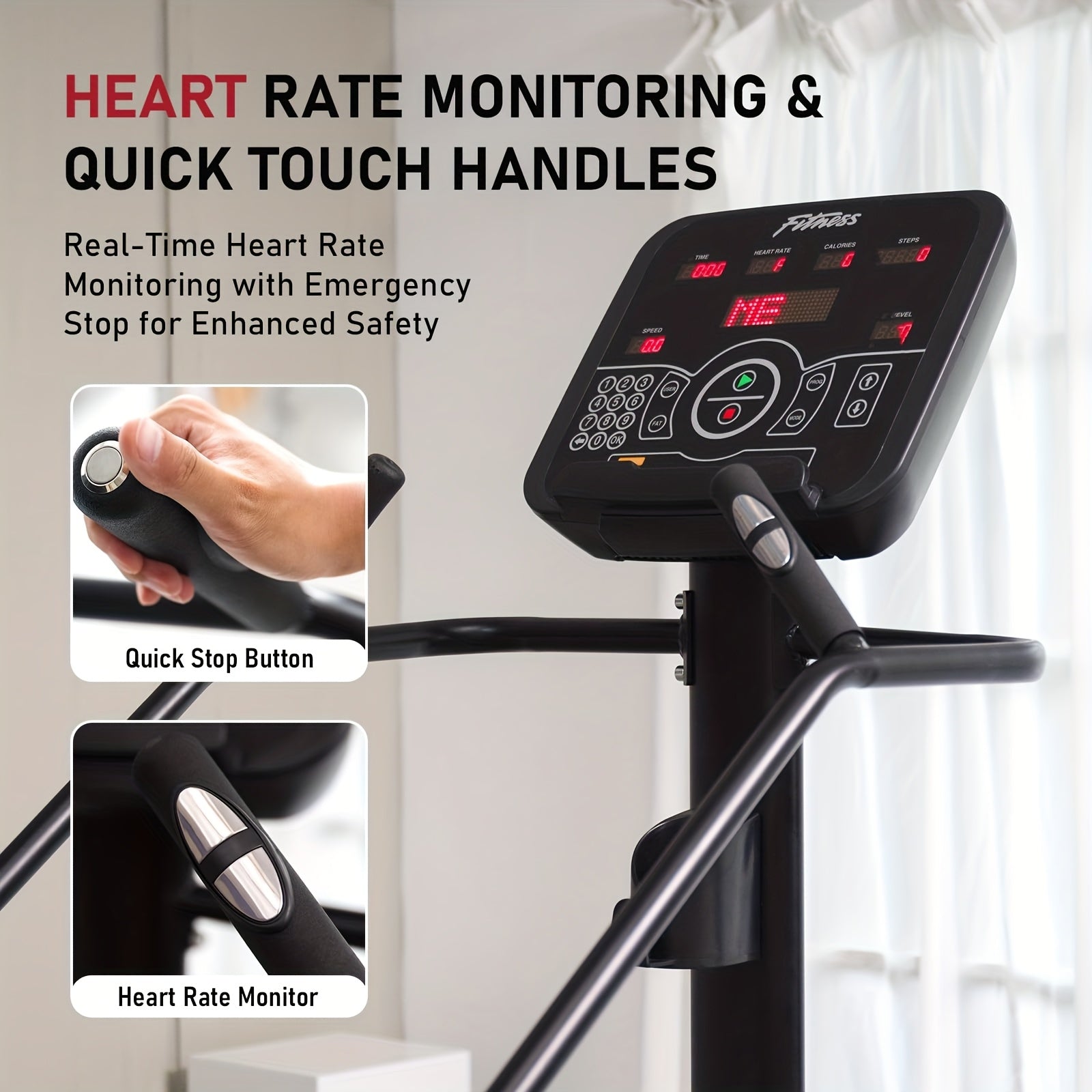 Stair limber machine console with heart rate monitoring and quick touch handles features.