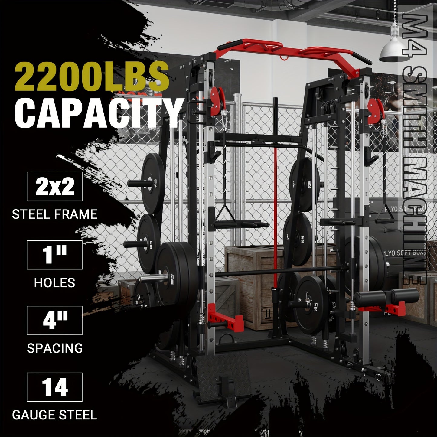 Squat rack with 2200LBS capacity in a gym setting