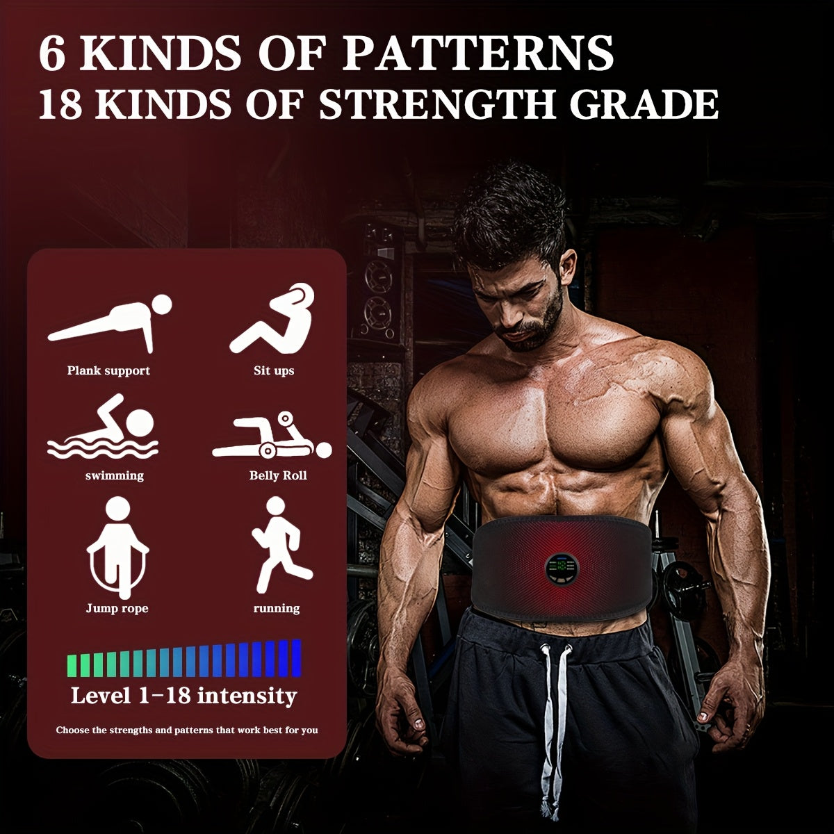 Man with a belly fat burner belt and chart showing exercise patterns and intensity levels.