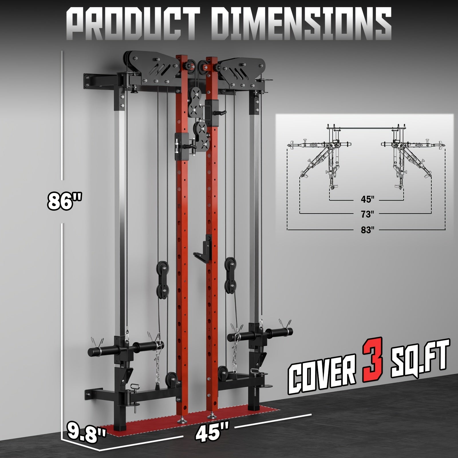 Folding power cage with dimensions displayed on a gray background