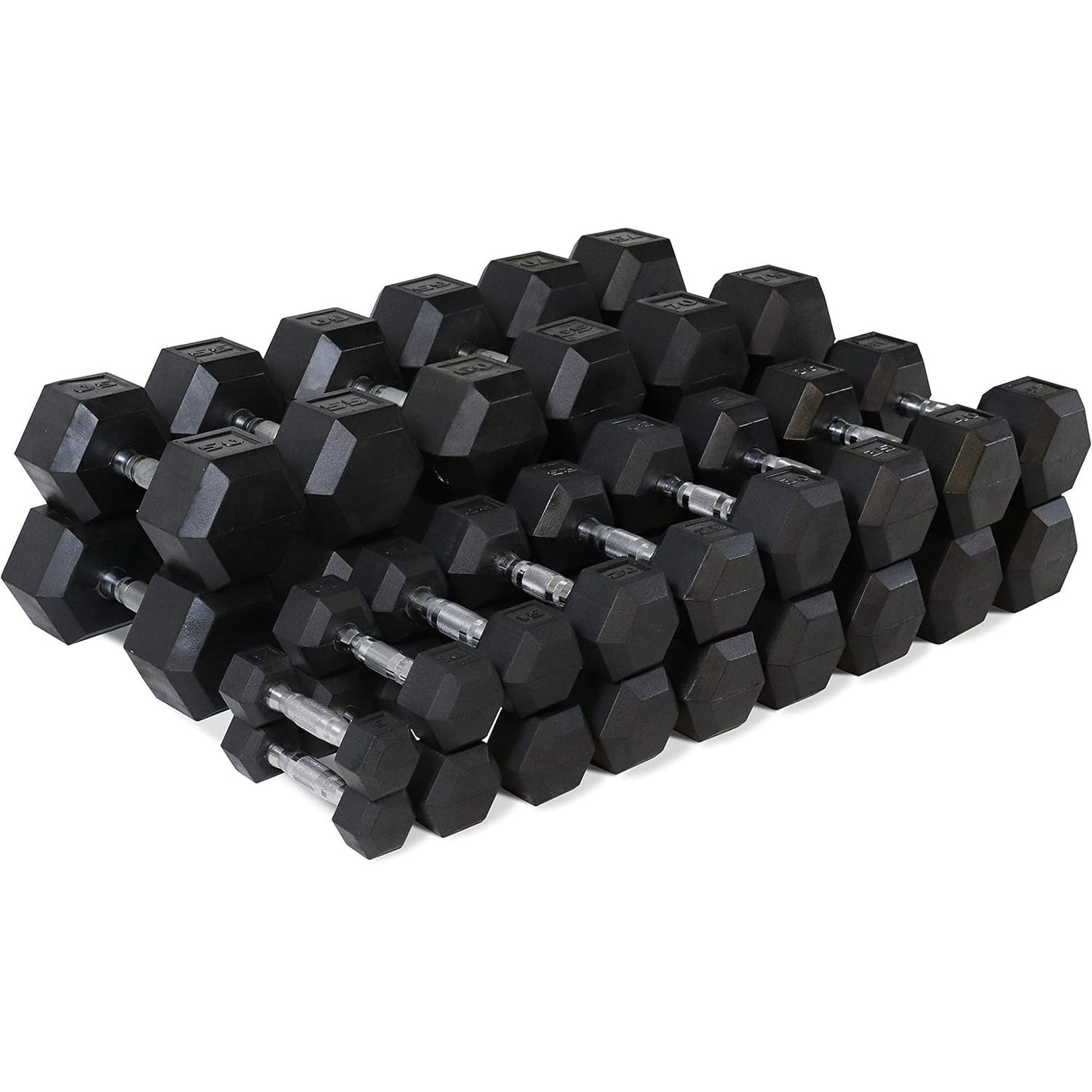 Set of black hexagonal dumbbells on a white background