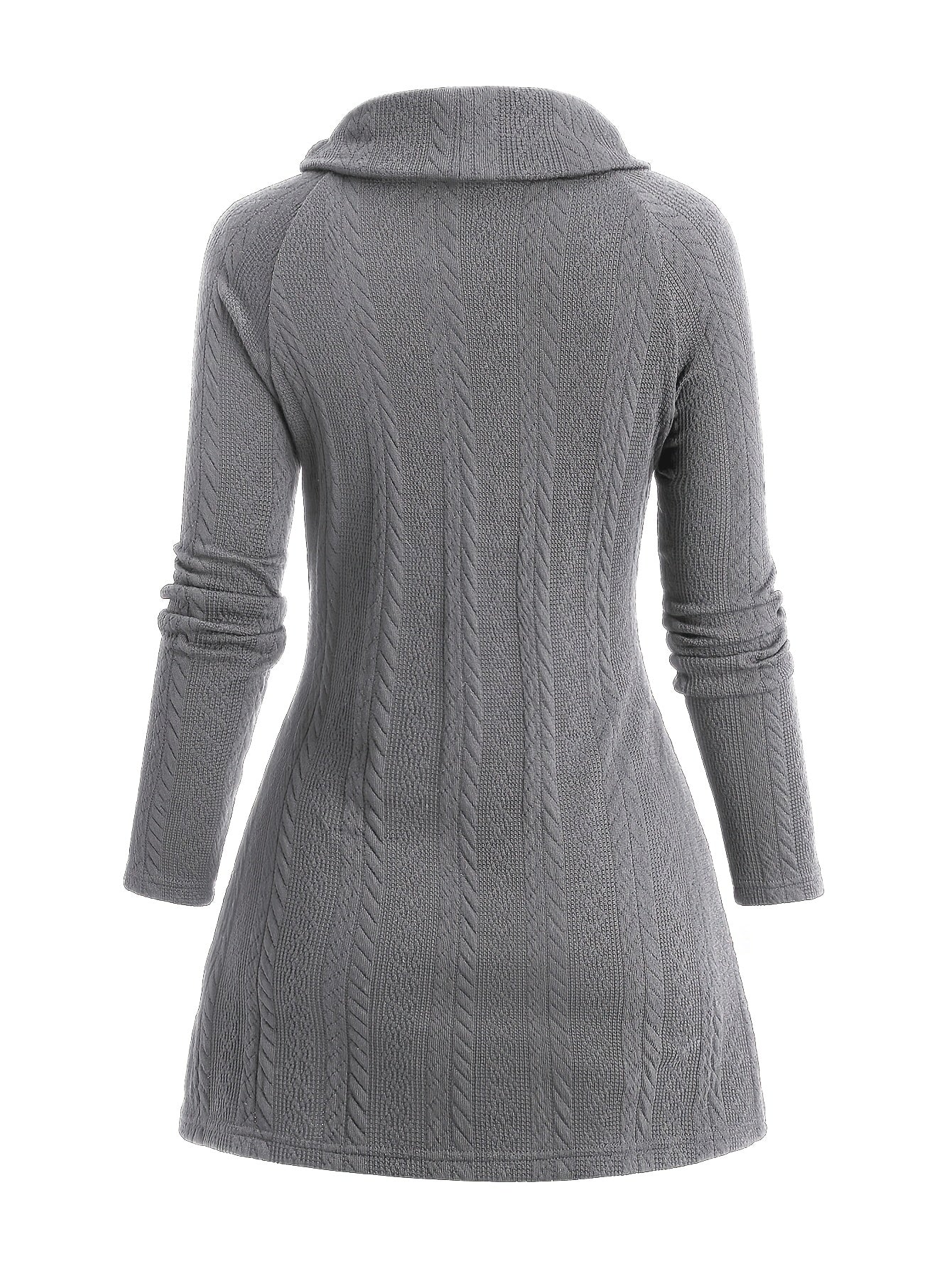 The back view of a grey women's cable knit cardigan sold by 100 spartans