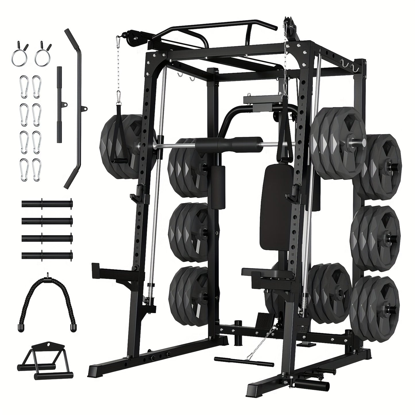 Black smith machine with attached weights and accessories on a white background