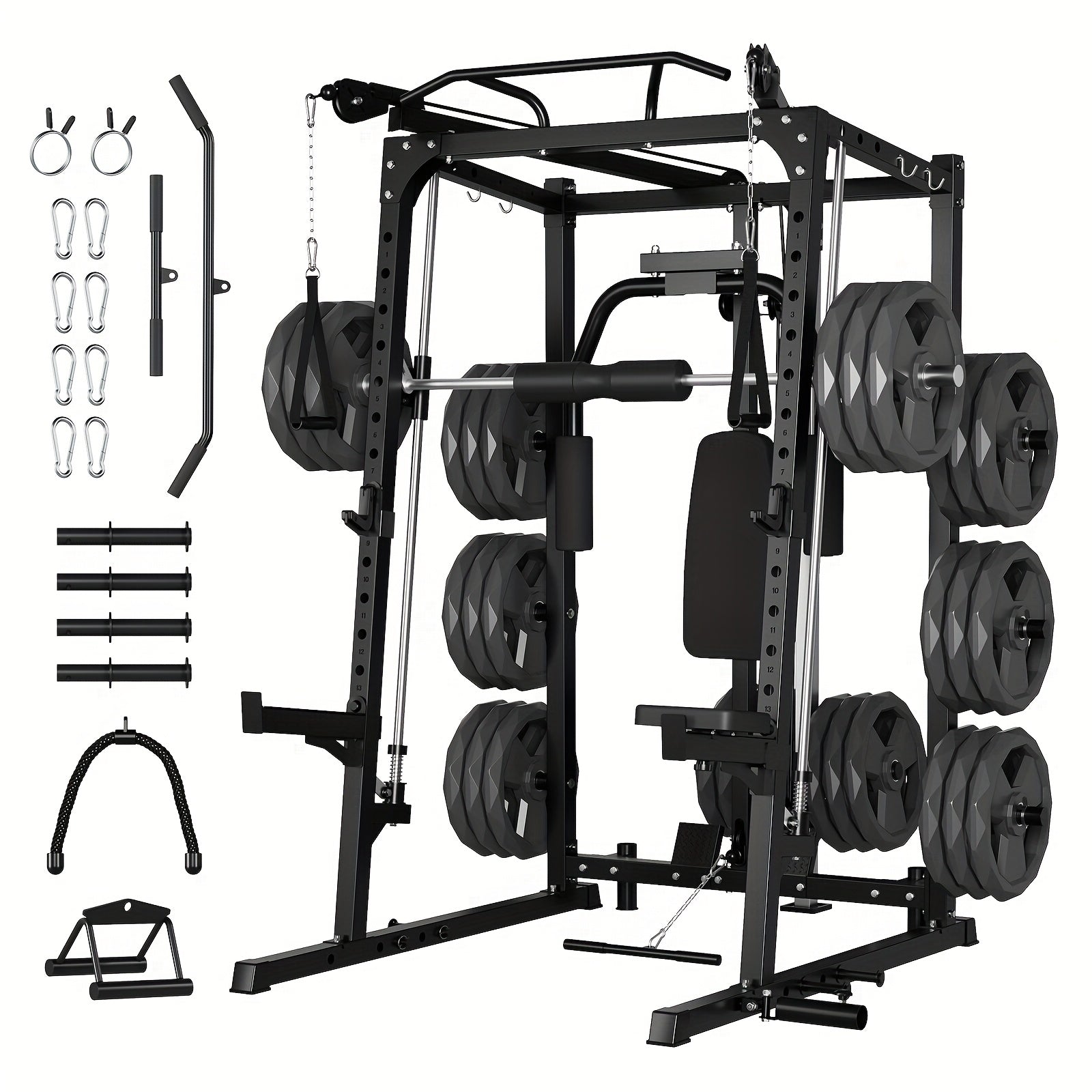 Black smith machine with attached weights and accessories on a white background