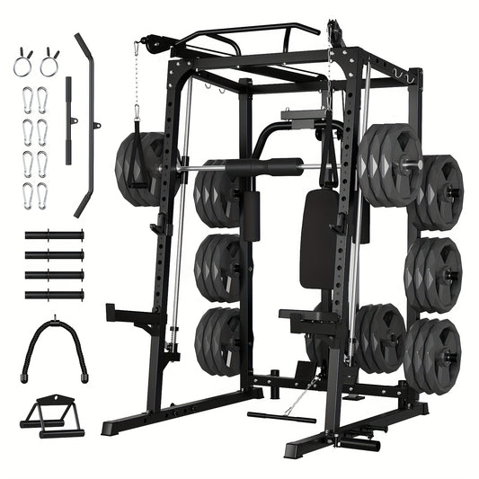 Black smith machine with attached weights and accessories on a white background