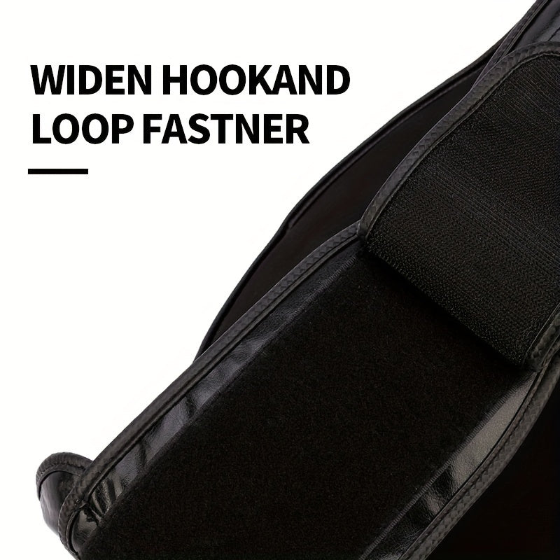 Close-up of a black bag with a widen hook and loop fastener on a white background.