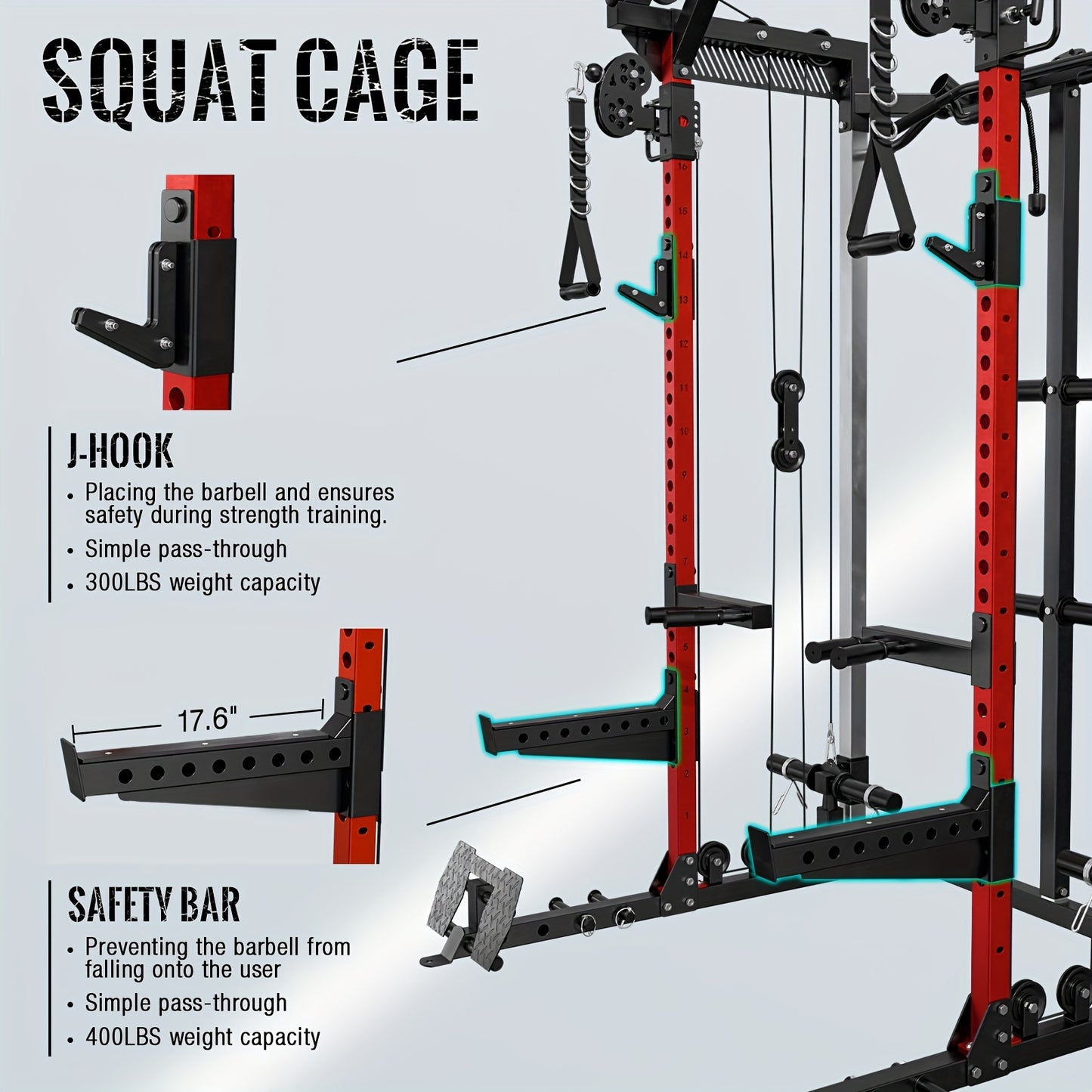 Home smith machine with J-hook and safety bar features on a gray background