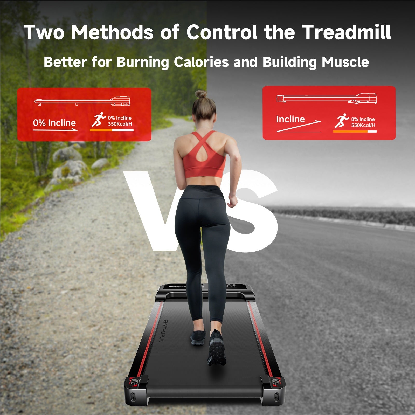 Woman on a rhythm fun under desk treadmill with incline settings displayed, outdoors.