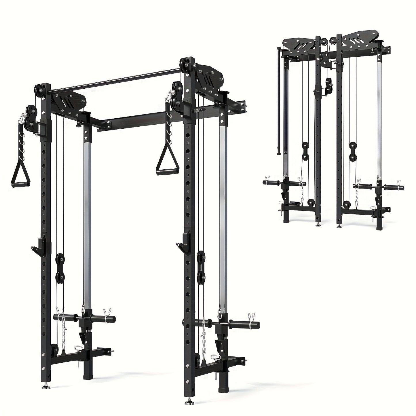 Black weightlifting power cage with various attachments on a white background