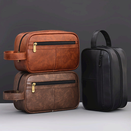 Two brown leather bags and one black leather bag on a gray background