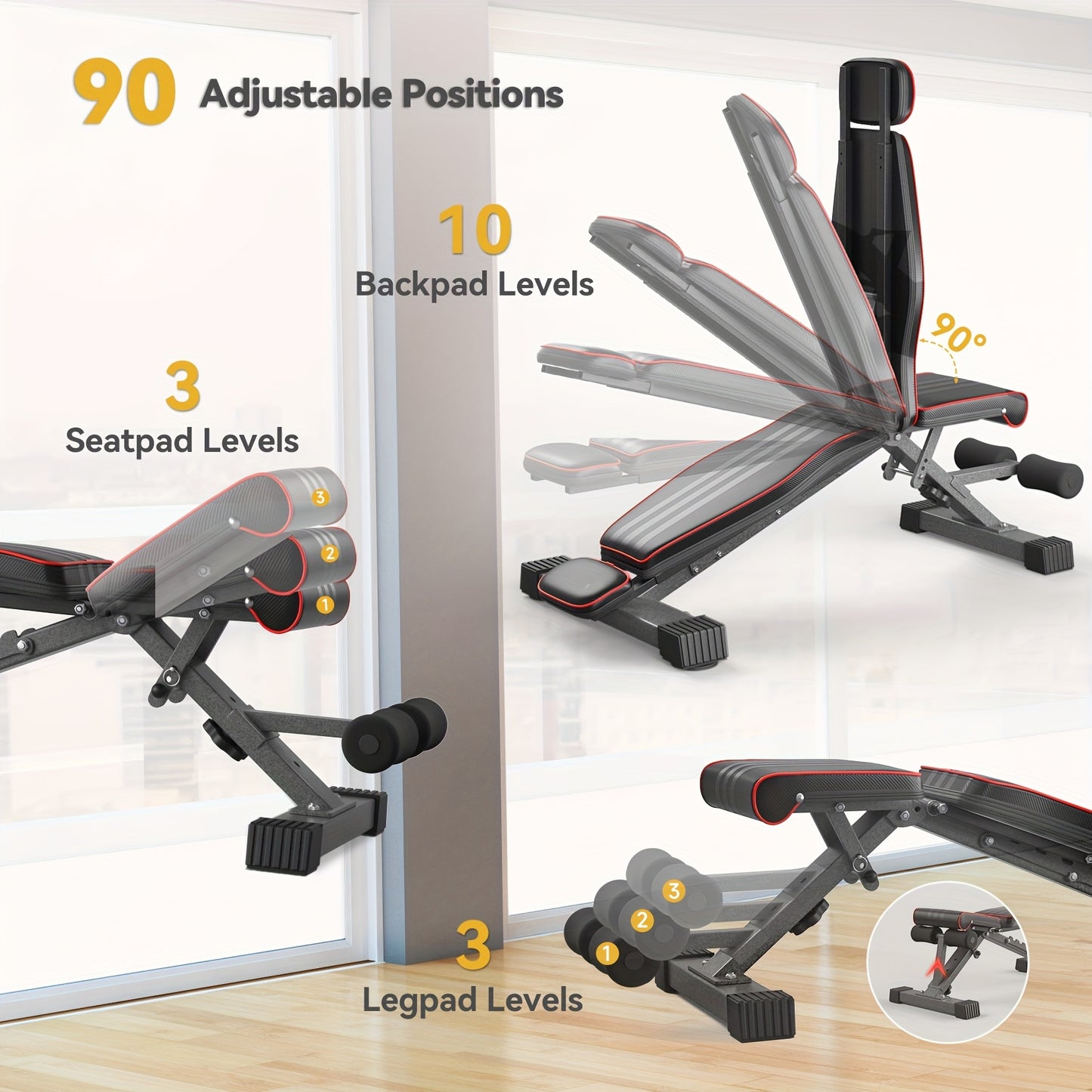 Adjustable weight bench with multiple adjustable positions on a light background