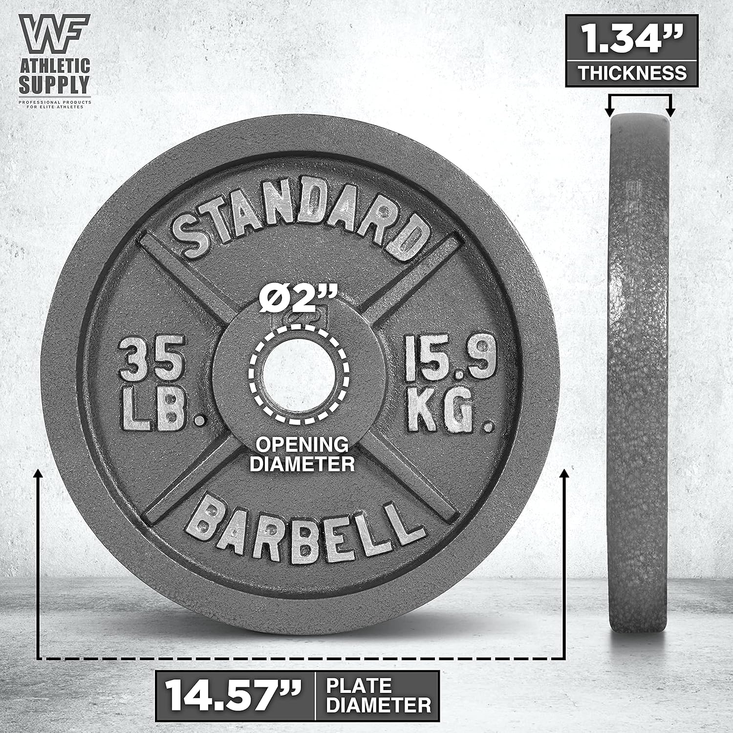Gray barbell weight plate with measurements .