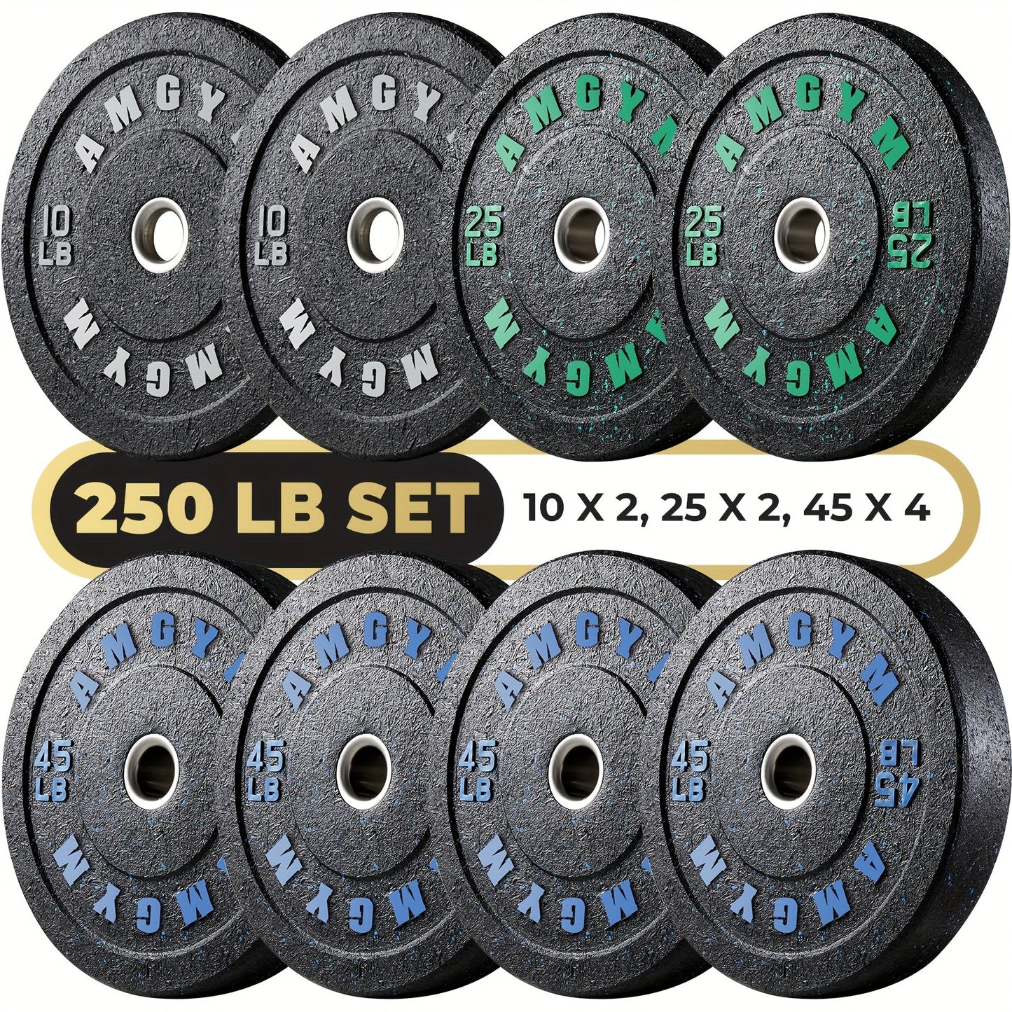 Set of weight plates with different weight capacities on a white background