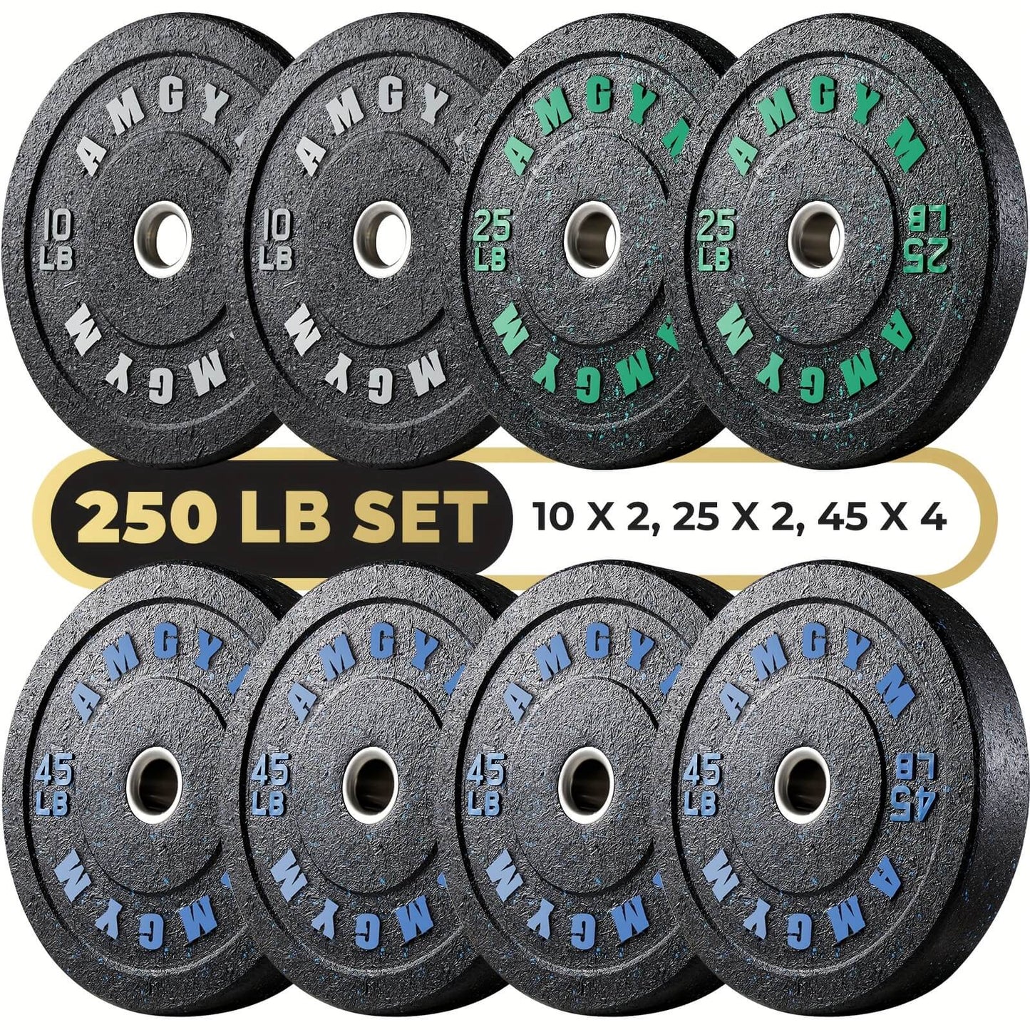 Set of weight plates with different weight capacities on a white background