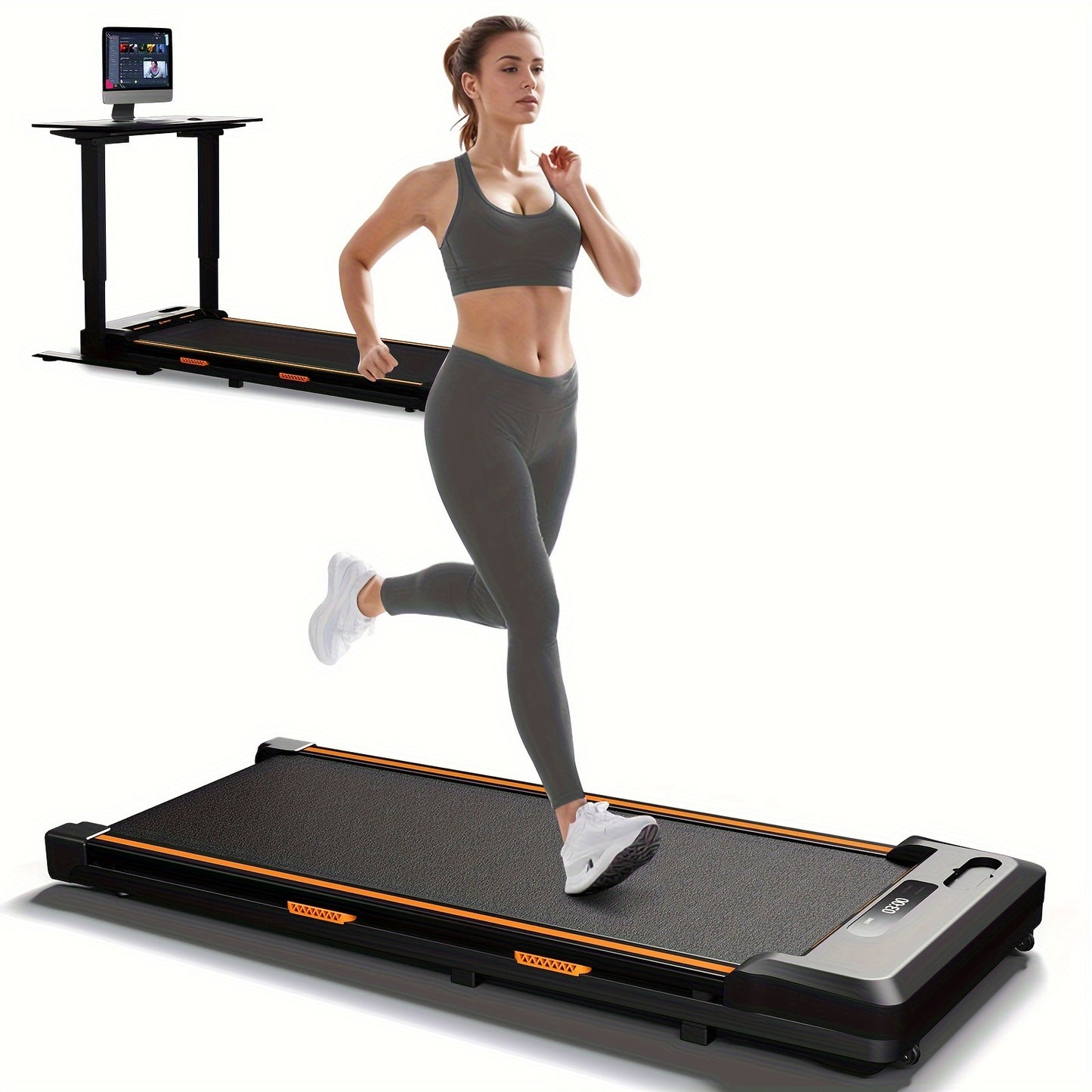 Woman running on a Airhot 2-in-1 under desk treadmill with a white background