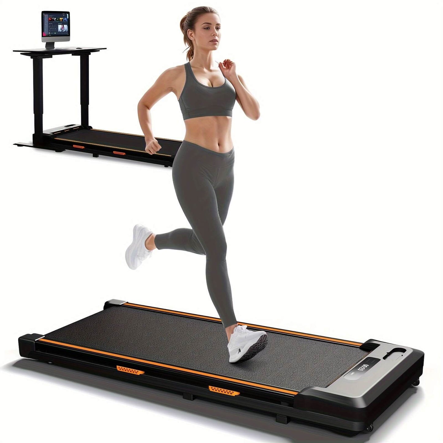 Woman running on a Airhot 2-in-1 under desk treadmill with a white background
