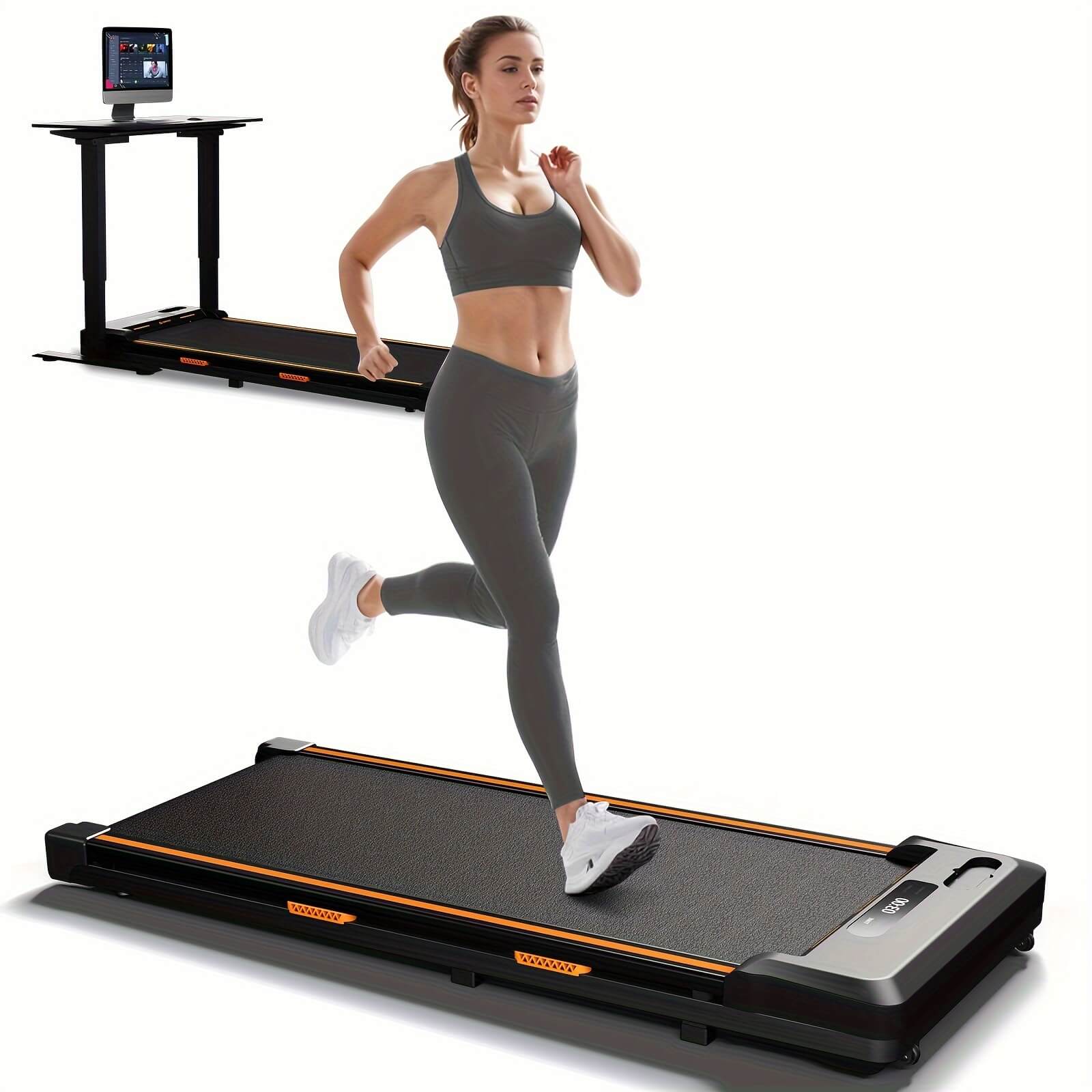Woman running on a Airhot 2-in-1 under desk treadmill with a white background