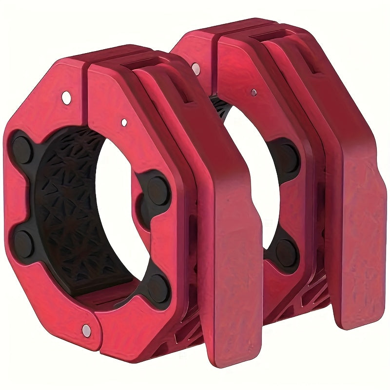 Two red barbell clamps on a white background