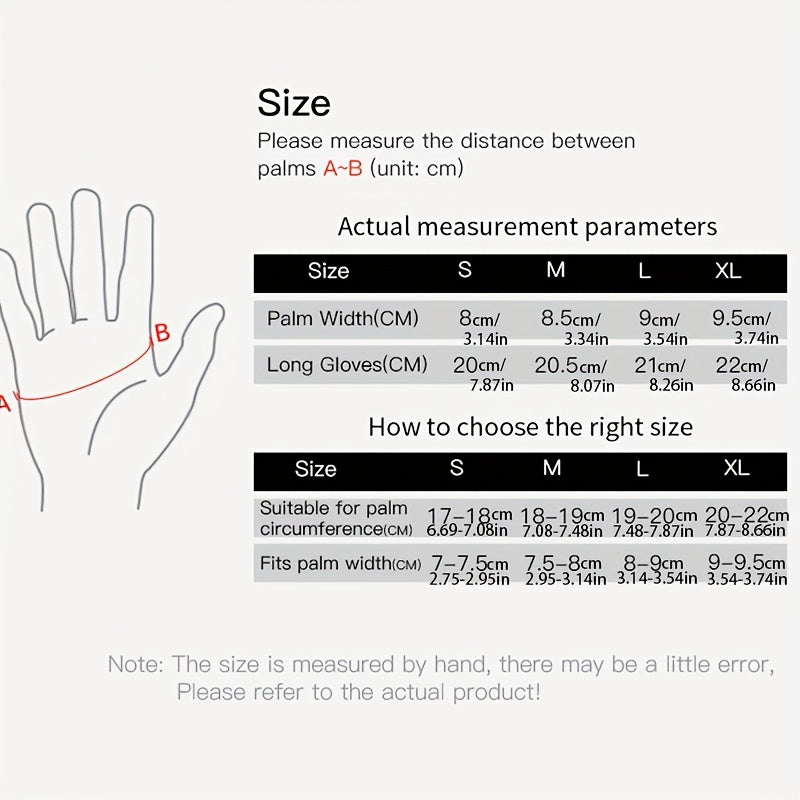 Hand measurement chart for a full finger workout gloves size with palm width and long gloves measurements.