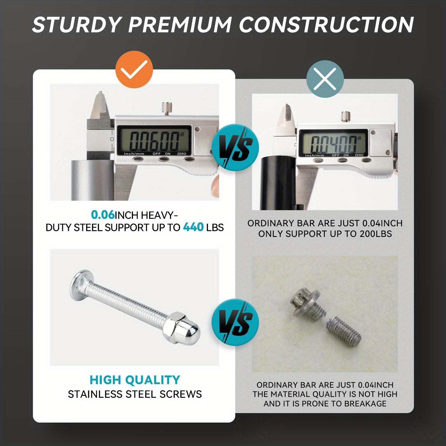 Comparison of sturdy premium construction with digital caliper and screws on a dark background