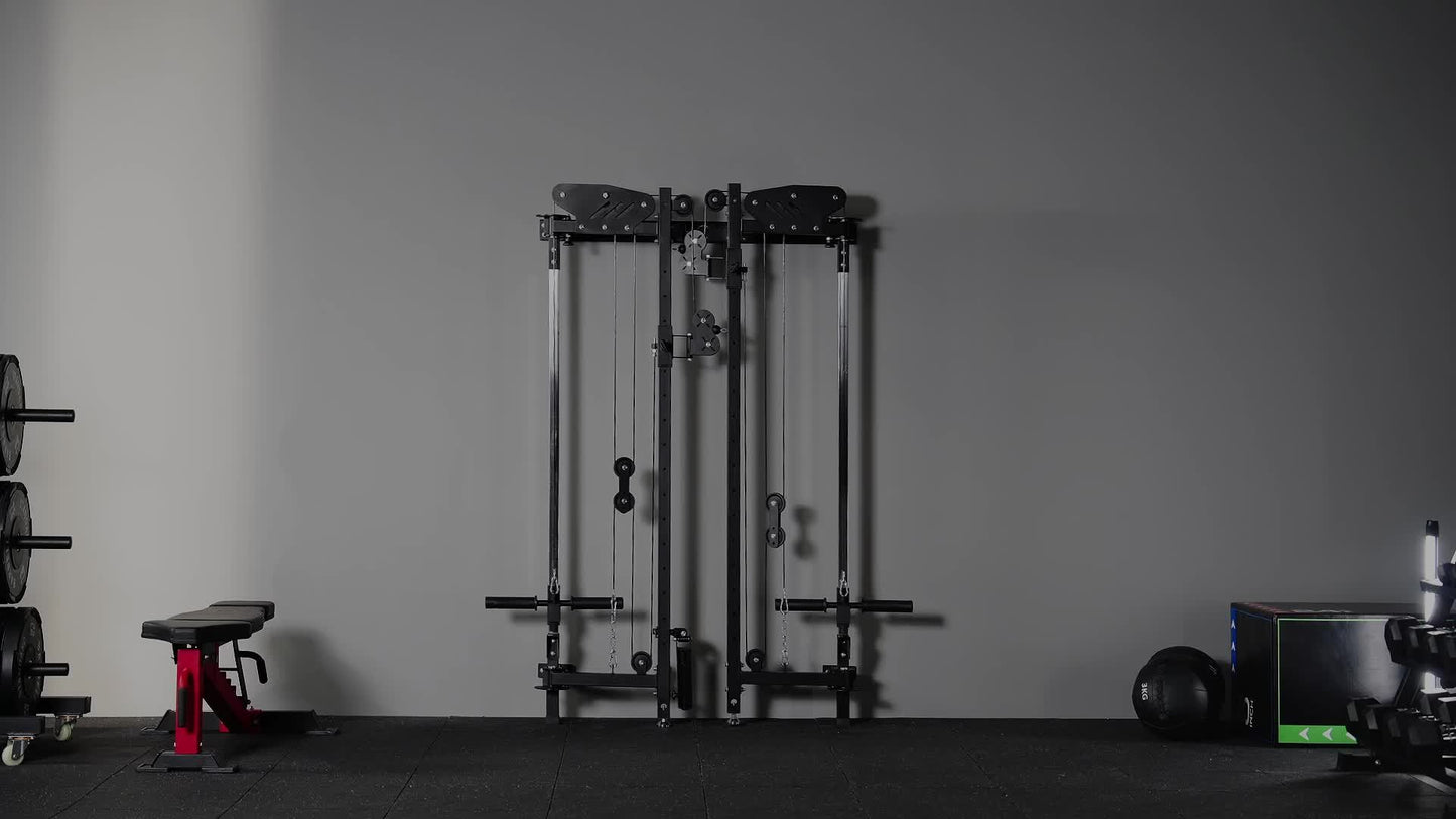 Folding power cage including a cable machine and weights against a gray wall.