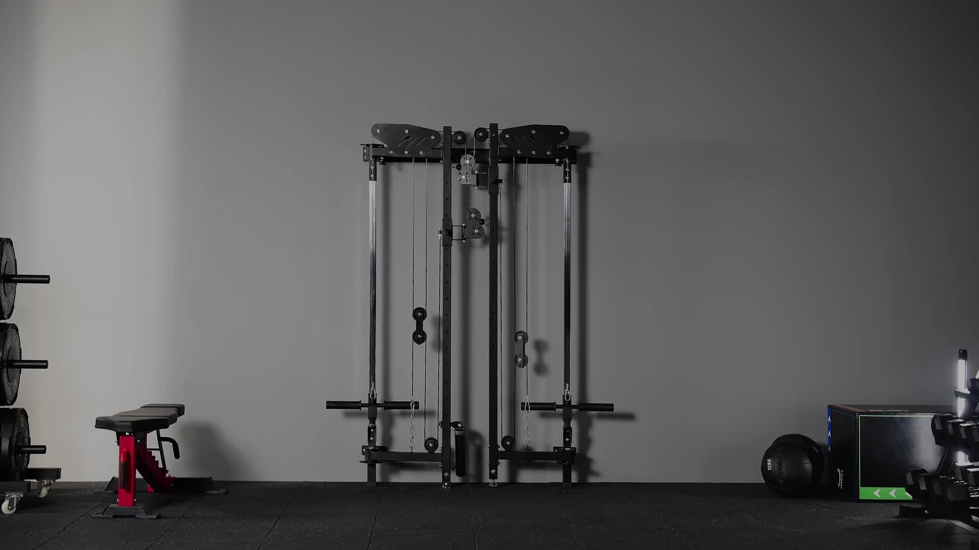 Folding power cage including a cable machine and weights against a gray wall.
