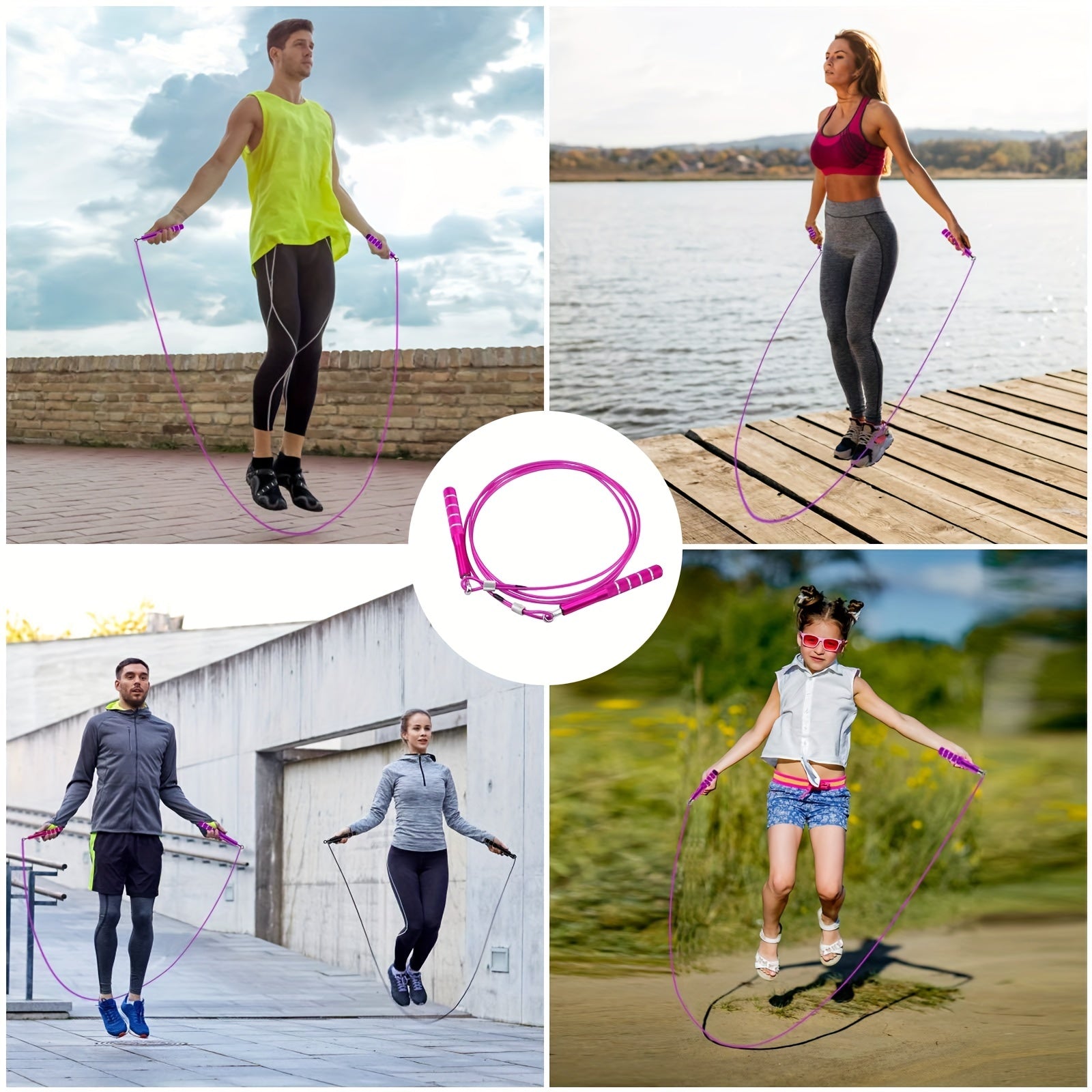 Collage of people using adjustable skipping rope outdoors with a close-up of the jump rope in the center.