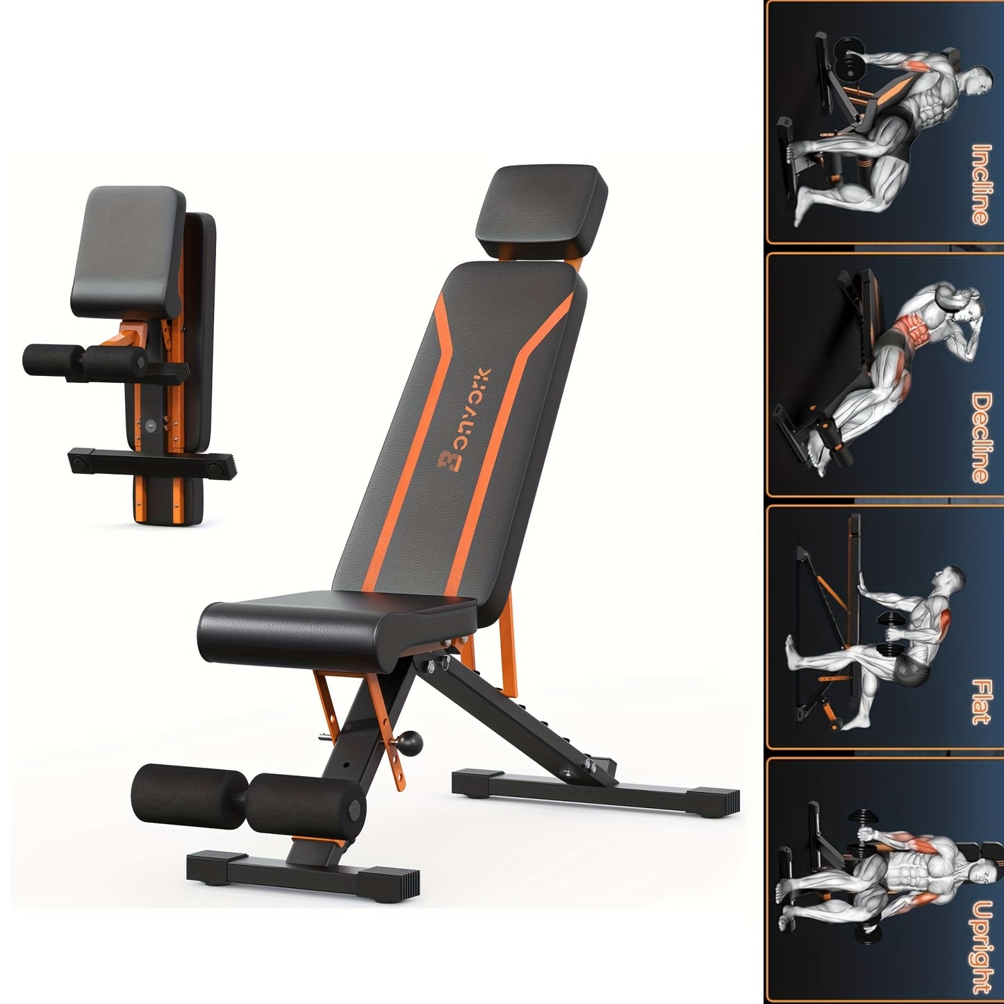Gray and orange weight bench with adjustable positions on a white background