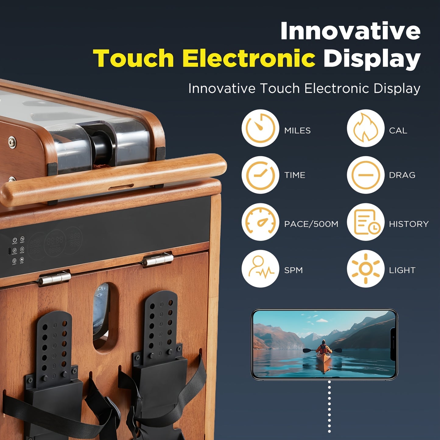 Wooden foldable rowing machine with an electronic display and various icons on a dark background