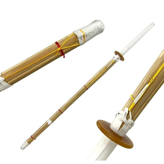 Bamboo practice sword with sheath on a white background