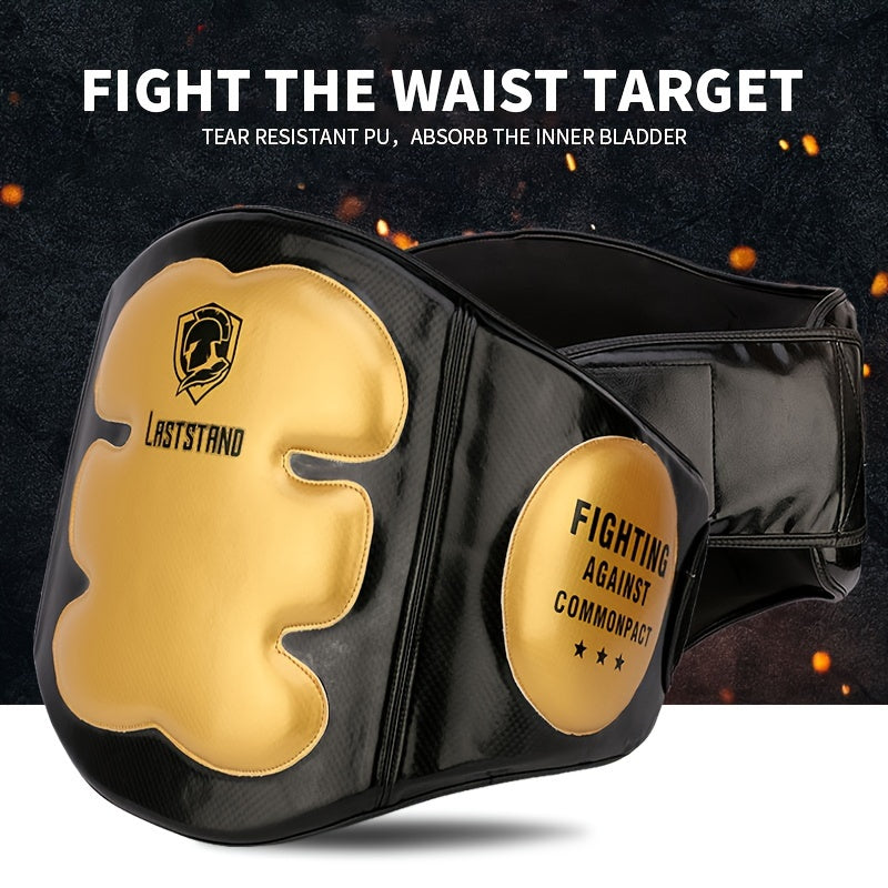 Black and gold boxing waist target with 'Laststand' branding on a dark background