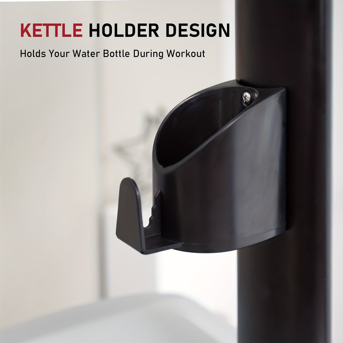 Black cup holder design attached to a pole with text indicating its use during workouts.