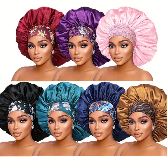 Set of satin bonnets in various colors worn by models on a white background