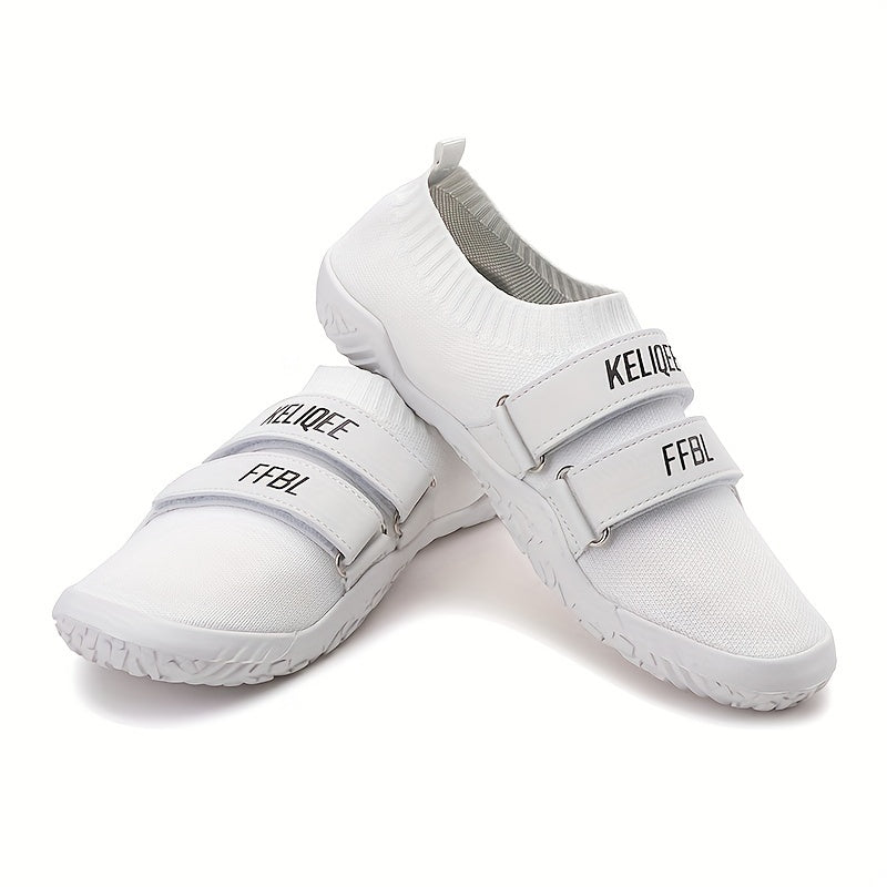 White shoes for lifting weights with velcro straps on a white background