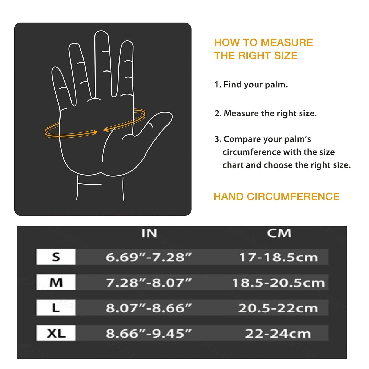 Hand measurement chart for weightlifting workout gloves sizing with a diagram of a hand and size guide.