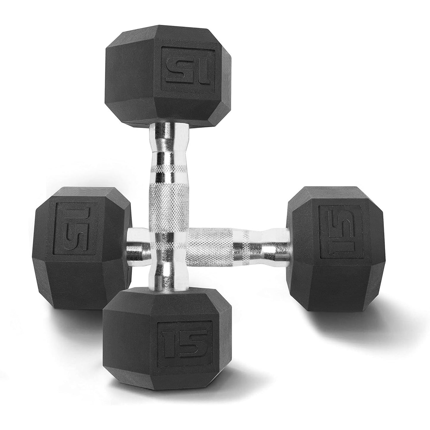Pair of black hexagonal dumbbells with a brand logo on a white background