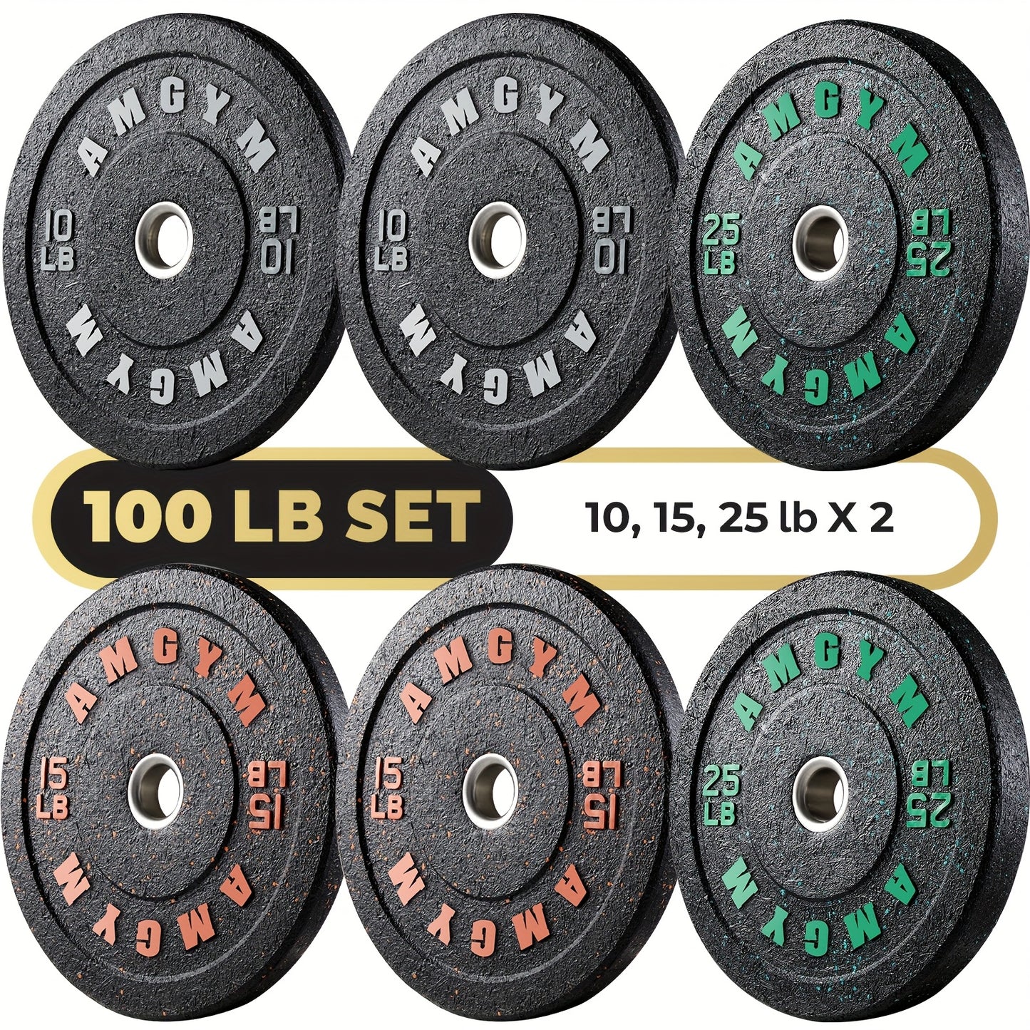 Set of bumper plates with a total weight of 100 lbs on a white background.