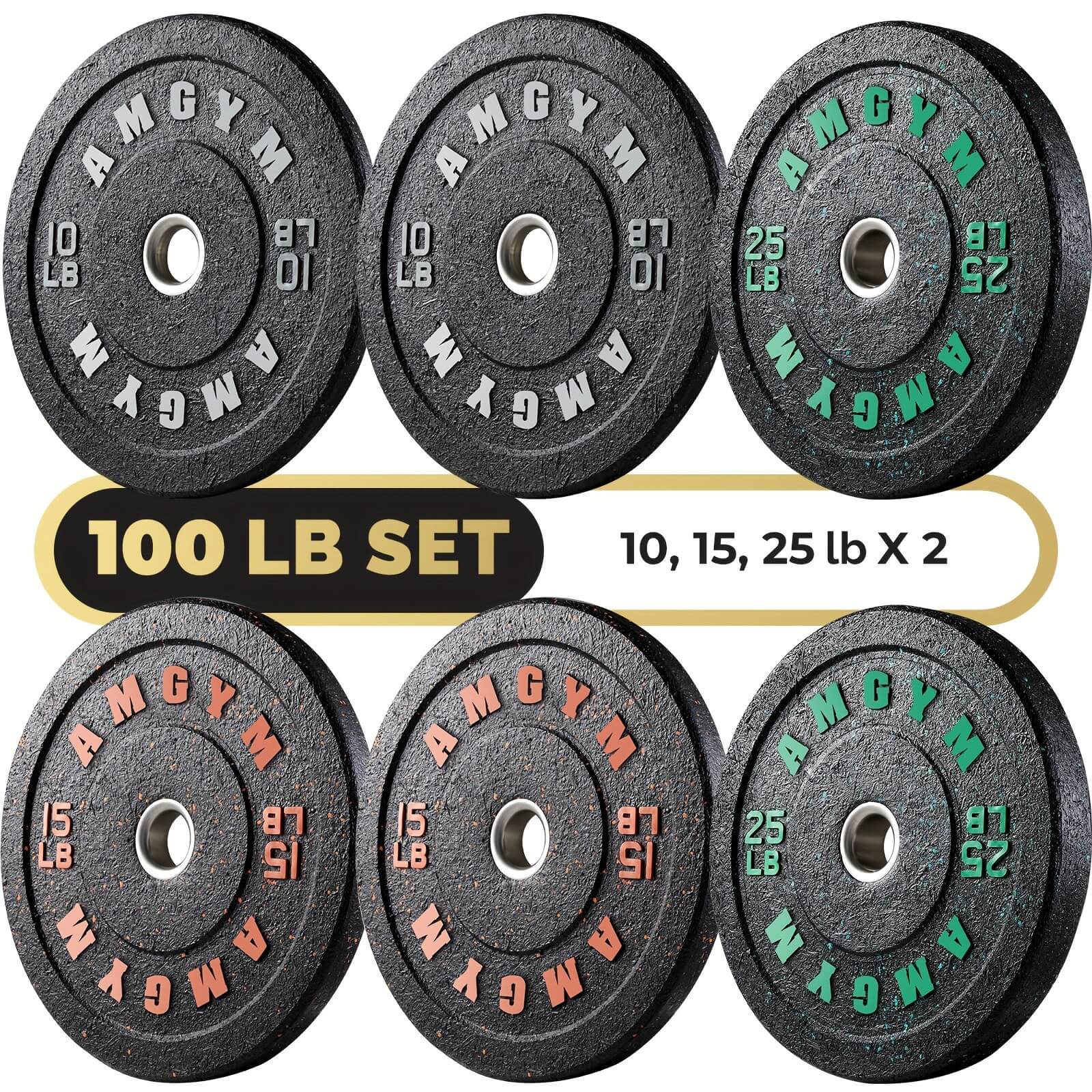 Set of bumper plates with a total weight of 100 lbs on a white background.