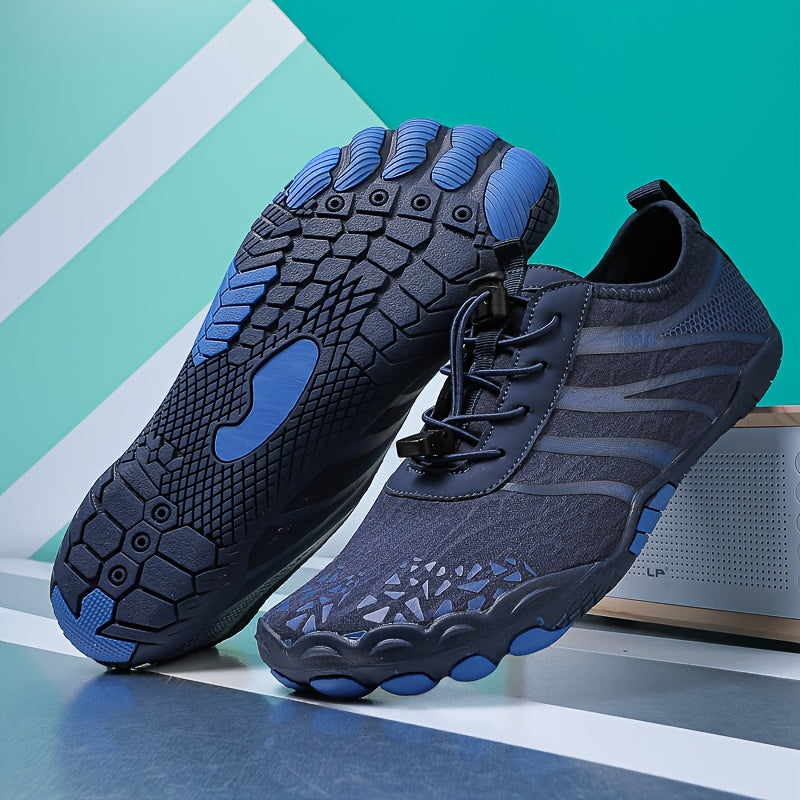 Black and blue deadlift shoes on a green and white striped background